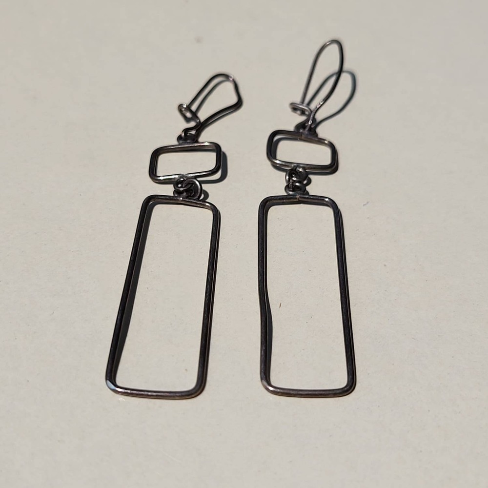 Vintage Handmade Sterling Silver Rectangle Drop Earrings Silver Geometric Dangle